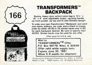 1986 Diamond Transformers: The Movie Stickers #166 Sticker 166 Back
