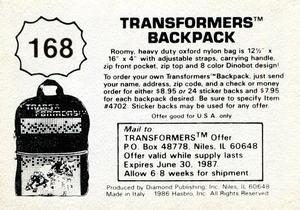 1986 Diamond Transformers: The Movie Stickers #168 Sticker 168 Back