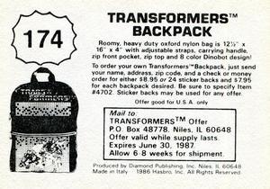 1986 Diamond Transformers: The Movie Stickers #174 Sticker 174 Back