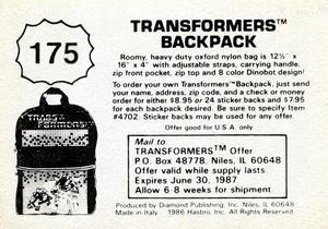 1986 Diamond Transformers: The Movie Stickers #175 Sticker 175 Back