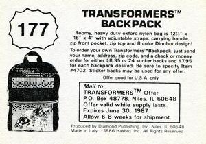 1986 Diamond Transformers: The Movie Stickers #177 Sticker 177 Back