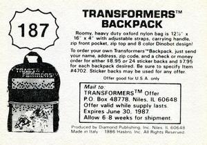 1986 Diamond Transformers: The Movie Stickers #187 Sticker 187 Back