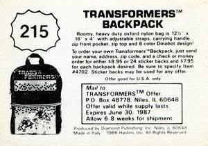 1986 Diamond Transformers: The Movie Stickers #215 Sticker 215 Back