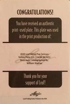 2020 Leaf Metal Pop Century - Printing Plates Yellow #BA-WS1 William Shatner Back