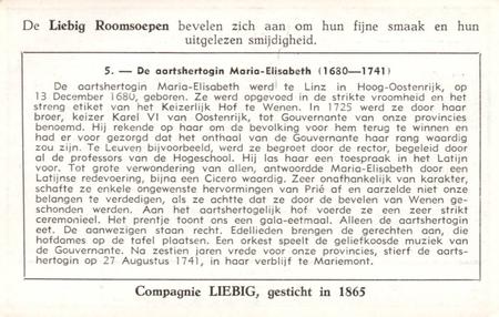 1951 Liebig Vreemde Prinsessen in Belgie (Princesses Visiting Belgium) (Dutch Text) (F1527, S1518) #5 De aartshertogin Maria-Elisabeth (1630-1741) Back