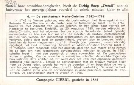 1951 Liebig Vreemde Prinsessen in Belgie (Princesses Visiting Belgium) (Dutch Text) (F1527, S1518) #6 De aartshertogin Maria-Christina (1742-1798) Back