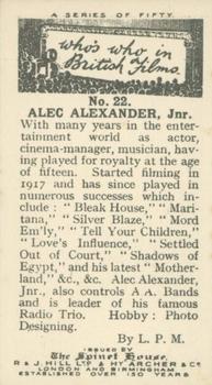 1927 The Spinet House Who's Who in British Films #22 Alec Alexander Back