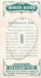1926 Ogden's British Bird's Eggs (Cut-outs) #20 Lapwing Back