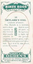 1926 Ogden's British Bird's Eggs (Cut-outs) #36 Skylark Back