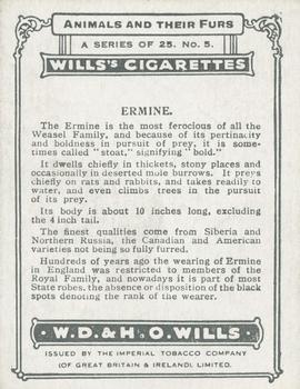 1929 Wills's Animals and Their Furs #5 Ermine Back
