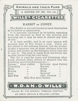 1929 Wills's Animals and Their Furs #18 Rabbit or Coney Back