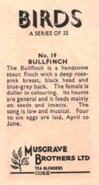 1961 Musgrave Brothers Tea Birds #19 Bullfinch Back