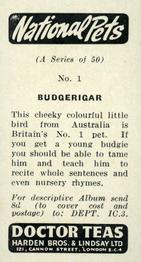 1961 Doctor Teas National Pets #1 Budgerigar Back