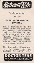 1961 Doctor Teas National Pets #39 English Springer Spaniel Back