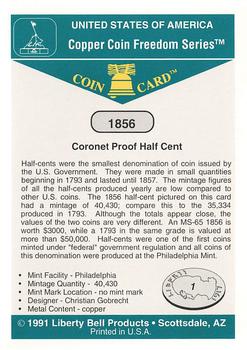 1991 Liberty Bell Coin Cards #1 1856 Coronet Proof Half Cent Back