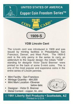 1991 Liberty Bell Coin Cards #5 1909-S VDB Lincoln Cent Back