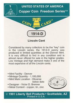 1991 Liberty Bell Coin Cards #6 1914-D Lincoln Cent Back