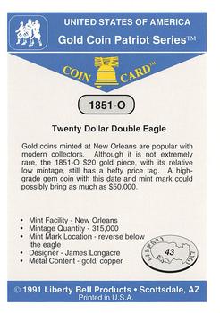1991 Liberty Bell Coin Cards #43 1851-O $20 Double Eagle Back