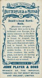 1904 Player's Butterflies & Moths #6 Death's-head Hawk-Moth Back