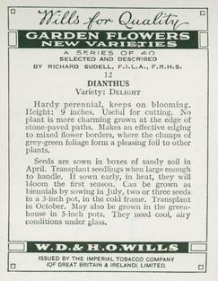 1938 Wills's Garden Flowers New Varieties #12 Dianthus Back