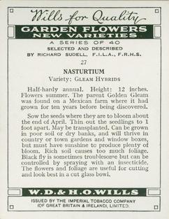 1938 Wills's Garden Flowers New Varieties #27 Nasturtium Back
