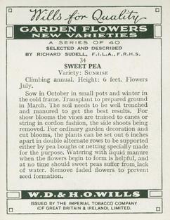 1938 Wills's Garden Flowers New Varieties #34 Sweet Pea Back