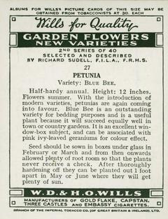 1939 Wills's Garden Flowers New Varieties 2nd Series #27 Petunia Back