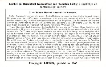1960 Liebig Geschiedenis van Joegoslavie (History of Yugoslavia) (Dutch Text) (F1732, S1746) #2 Sultan Moerad sneuvelt te Kossovo Back