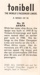 1963 Tonibell The World's Passenger Liners #20 Apapa Back