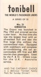 1963 Tonibell The World's Passenger Liners #21 Orsova Back