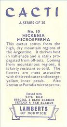 1962 Lamberts Cacti #10 Hickenia microsperma Back
