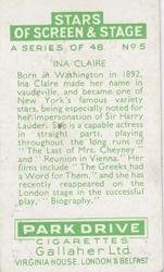 1935 Gallaher Stars of Screen & Stage #5 Ina Claire Back