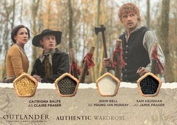 2020 Cryptozoic Outlander Season 4 - Wardrobe Quadruple #QM01 Caitriona Balfe as Claire Fraser / John Bell as Young Ian Murray / Sam Heughan as Jamie Fraser Front