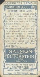1911 Salmon & Gluckstein Coronation Series #4 Coronation Chairs Back