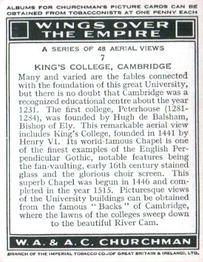 1939 Churchman's Wings Over the Empire #7 King's College, Cambridge Back