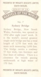1954 Wright's Biscuits Marvels of the World #7 Sydney Bridge Back