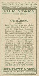 1934 Player's Film Stars Second Series #24 Ann Harding Back