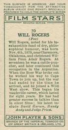1934 Player's Film Stars Second Series #39 Will Rogers Back