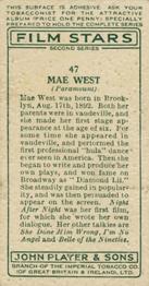 1934 Player's Film Stars Second Series #47 Mae West Back