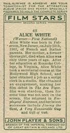 1934 Player's Film Stars Second Series #48 Alice White Back