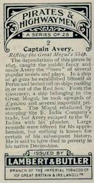 1926 Lambert & Butler Pirates and Highwaymen #2 Captain Avery Back