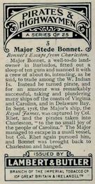 1926 Lambert & Butler Pirates and Highwaymen #3 Major Stede Bonnet Back