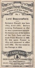 1928 Carreras British Prime Ministers #1 Benjamin Disraeli, Lord Beaconsfield Back