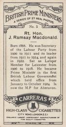 1928 Carreras British Prime Ministers #3 Rt. Hon. J. Ramsay Macdonald Back