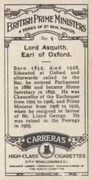 1928 Carreras British Prime Ministers #4 Lord Asquith, Earl of Oxford Back