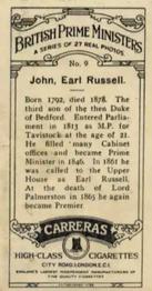 1928 Carreras British Prime Ministers #9 John, Earl Russell Back
