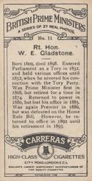 1928 Carreras British Prime Ministers #11 Rt. Hon. W.E. Gladstone Back