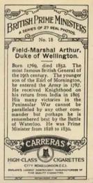 1928 Carreras British Prime Ministers #18 Field-Marshal Arthur, Duke of Wellington Back