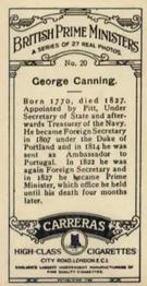 1928 Carreras British Prime Ministers #20 George Canning Back