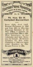 1928 Carreras British Prime Ministers #21 Rt. Hon. Sir H. Campbell-Bannerman Back